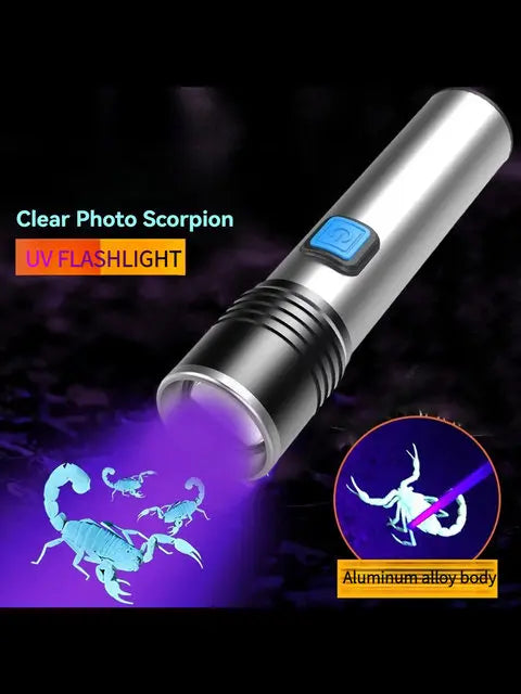 UV Flashlight  High Power Black Mirror Purple Light Detection Torch Powerful 395NM Type-C USB Rechargeable LED Ultraviolet Lamp