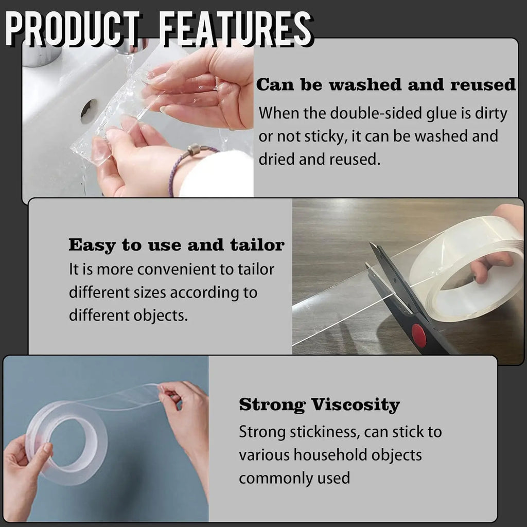 Double Sided Nano Mounting Tape,Strong Heavy Duty Gel Tape Clear Traceless Washable Removable No Residue for Home Office Decor