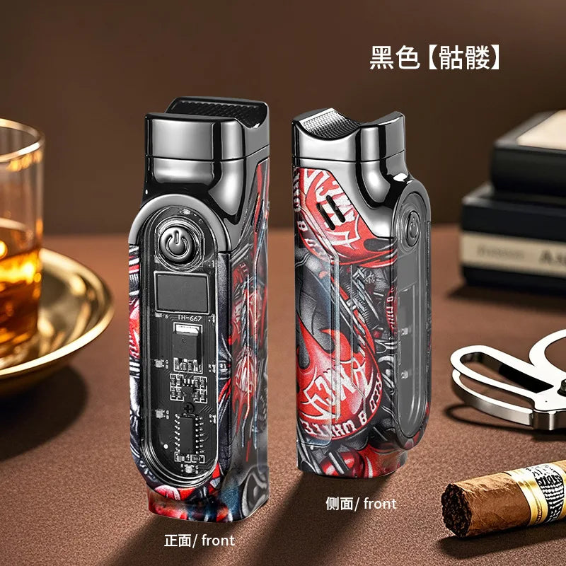 Smart 3 Flame Gas Cigar Lighter, Digital Display, with Cigar Drill, LED Light, Portable Multi-functional Ignition Lighter