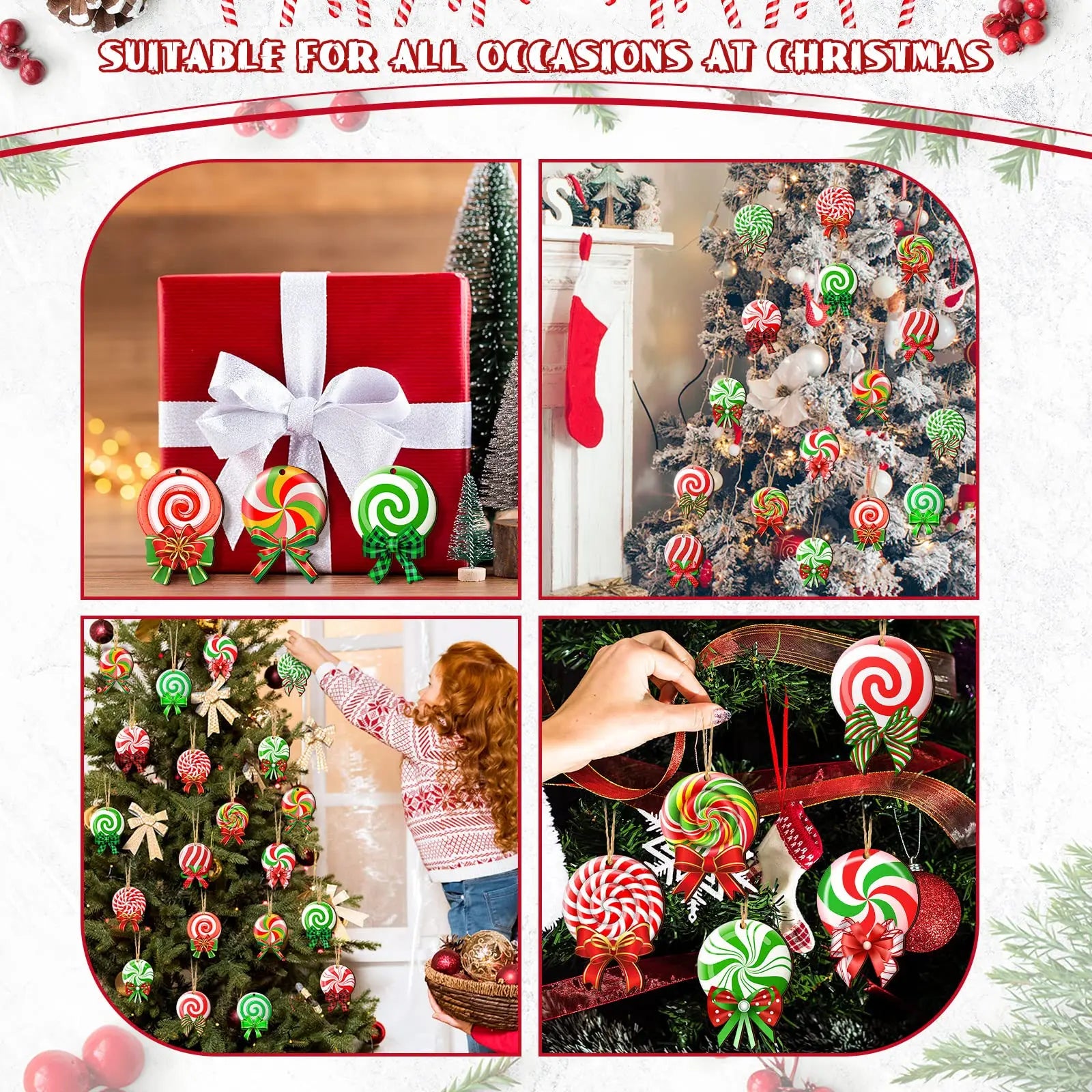 24 Pieces Peppermint Christmas Tree Ornaments Colorful Peppermint Wood Ornaments Lollipop Candy Christmas Ornaments