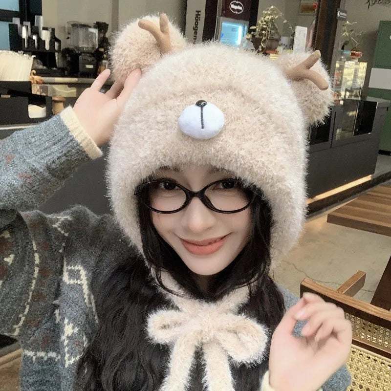 Women's Fluffy Knit Hat with Deer Antlers Christmas Style Cute Warm Fleece Beanie Korean Fashion Winter Cap