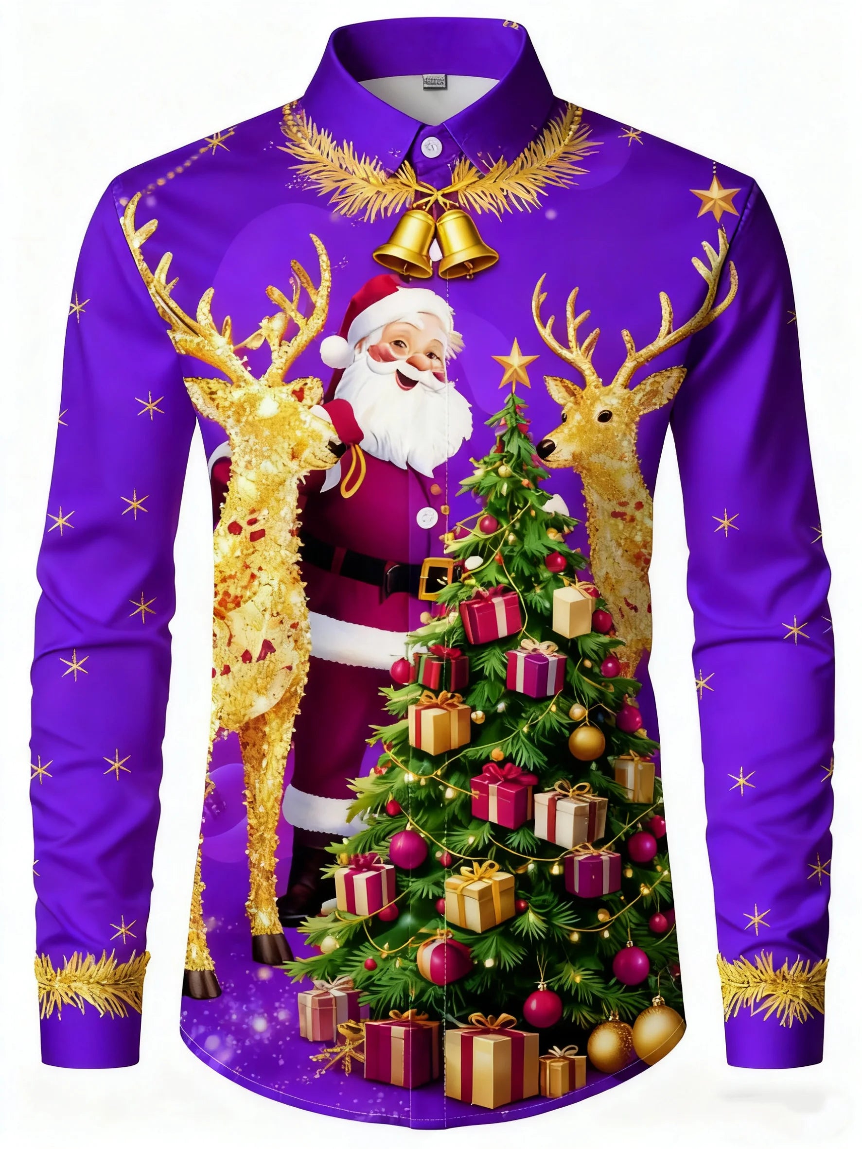 Men's long-sleeved shirt with Christmas Santa Claus, reindeer, and bell print, suitable for everyday wear and family gatherings.