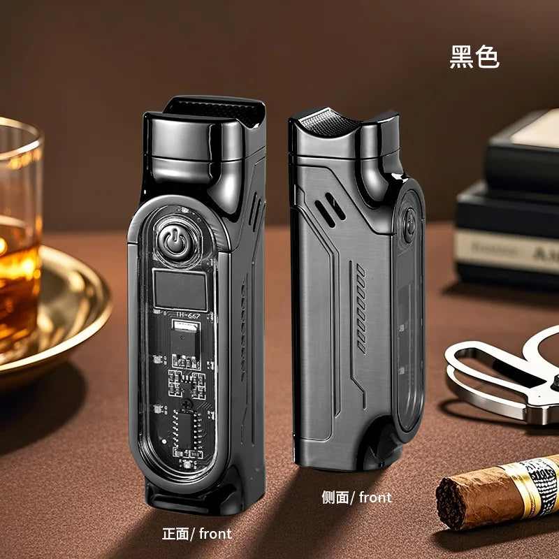 Smart 3 Flame Gas Cigar Lighter, Digital Display, with Cigar Drill, LED Light, Portable Multi-functional Ignition Lighter