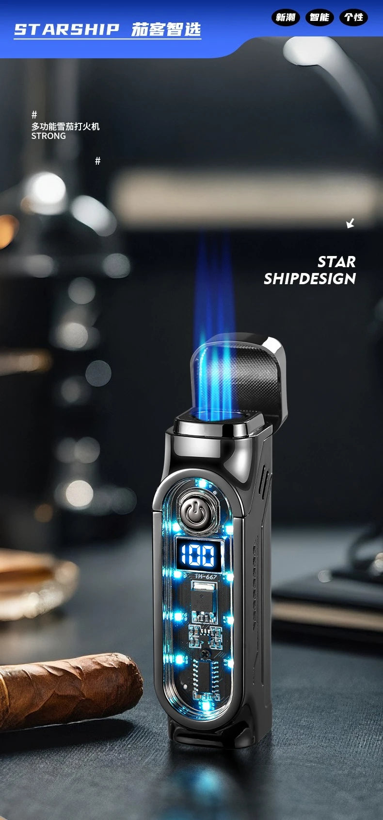 Smart 3 Flame Gas Cigar Lighter, Digital Display, with Cigar Drill, LED Light, Portable Multi-functional Ignition Lighter