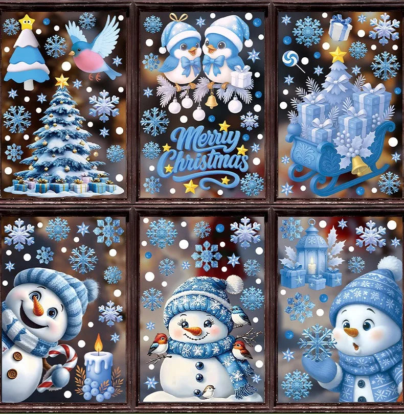 Christmas Window Stickers Winter Snowman Santa Claus Snowflake Elk Static Stickers Glass Ornaments Merry Christmas Decor